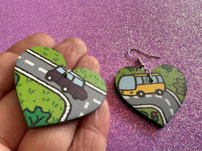 City Road Carpet Earrings: Laser Cut Acrylic Traffic Light, Car, Driving, Roads, Buildings, School Bus, Toy, Novelty, Gifts for Her/Him/Them