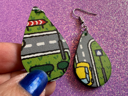 City Road Carpet Earrings: Laser Cut Acrylic Traffic Light, Car, Driving, Roads, Buildings, School Bus, Toy, Novelty, Gifts for Her/Him/Them