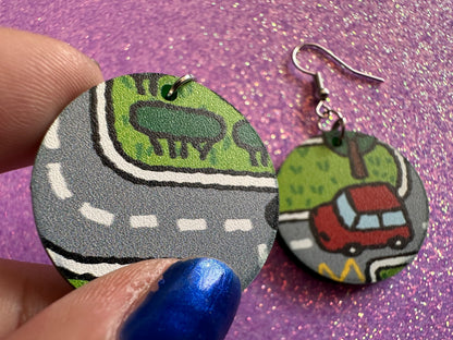 City Road Carpet Earrings: Laser Cut Acrylic Traffic Light, Car, Driving, Roads, Buildings, School Bus, Toy, Novelty, Gifts for Her/Him/Them