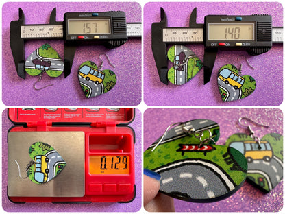 City Road Carpet Earrings: Laser Cut Acrylic Traffic Light, Car, Driving, Roads, Buildings, School Bus, Toy, Novelty, Gifts for Her/Him/Them