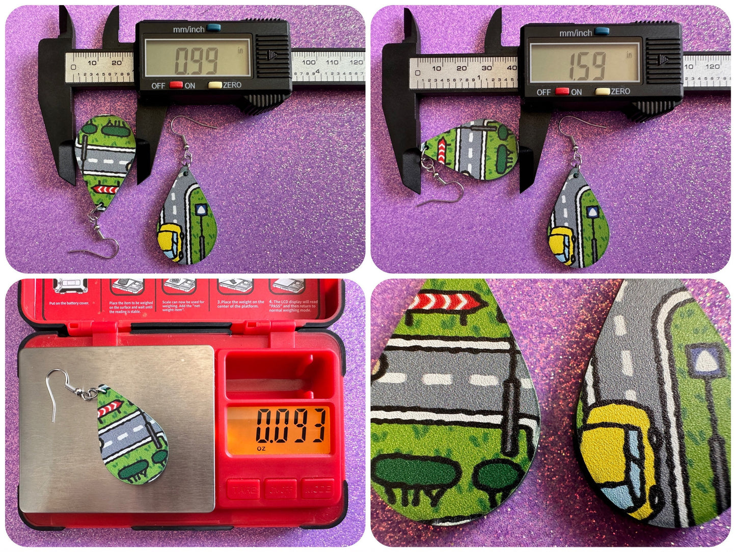 City Road Carpet Earrings: Laser Cut Acrylic Traffic Light, Car, Driving, Roads, Buildings, School Bus, Toy, Novelty, Gifts for Her/Him/Them