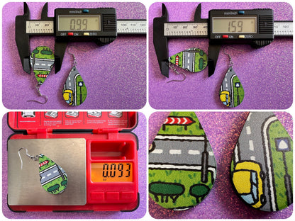 City Road Carpet Earrings: Laser Cut Acrylic Traffic Light, Car, Driving, Roads, Buildings, School Bus, Toy, Novelty, Gifts for Her/Him/Them