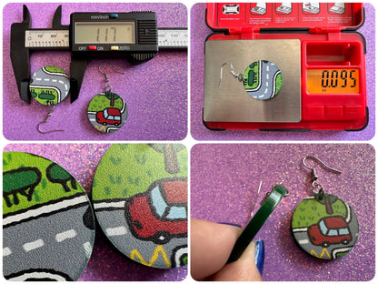 City Road Carpet Earrings: Laser Cut Acrylic Traffic Light, Car, Driving, Roads, Buildings, School Bus, Toy, Novelty, Gifts for Her/Him/Them