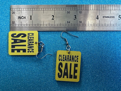 Clearance Sale Sign Earrings: Laser Cut Acrylic Signs, Shopping, Shop, Black and Yellow Sign, Discount, Best Gifts for Her/Him/Them