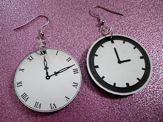 Clock Earrings: Laser Cut Acrylic Clocks, Time, Tick Tock, Novelty Earrings, Cosplay Earrings, Ticking, Best Gifts for Her/Him/Them