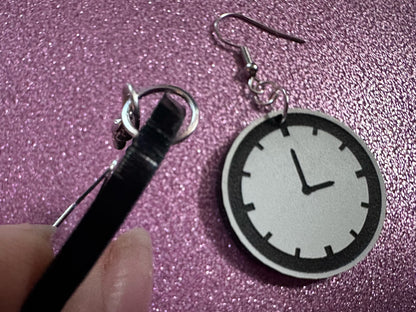 Clock Earrings: Laser Cut Acrylic Clocks, Time, Tick Tock, Novelty Earrings, Cosplay Earrings, Ticking, Best Gifts for Her/Him/Them