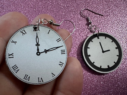 Clock Earrings: Laser Cut Acrylic Clocks, Time, Tick Tock, Novelty Earrings, Cosplay Earrings, Ticking, Best Gifts for Her/Him/Them