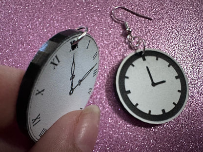 Clock Earrings: Laser Cut Acrylic Clocks, Time, Tick Tock, Novelty Earrings, Cosplay Earrings, Ticking, Best Gifts for Her/Him/Them