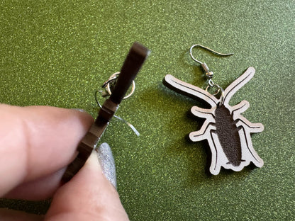 Cockroach Earrings: Laser Cut Acrylic Cockroaches, Bugs, Insects, Entomology, Costume Jewelry, Novelty Gag Gift, Best Gifts for Her/Him/Them