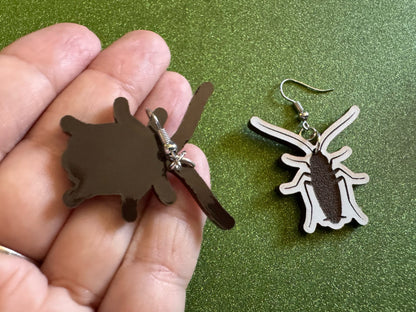 Cockroach Earrings: Laser Cut Acrylic Cockroaches, Bugs, Insects, Entomology, Costume Jewelry, Novelty Gag Gift, Best Gifts for Her/Him/Them