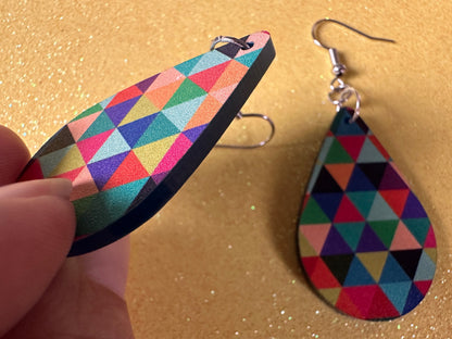 Colorful Geometric Earrings: Laser Cut Acrylic Earrings, Unique, Triangles, Triangle Pattern, Rainbow, Symmetry, Best Gifts for Her/Him/Them