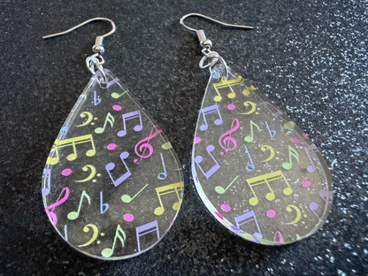 Colorful Music Note Earrings: Laser Cut Acrylic Sheet Music, Piano, Classical, Concert, Musician, Treble Cleff, Best Gifts for Her/Him/Them