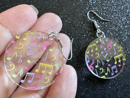 Colorful Music Note Earrings: Laser Cut Acrylic Sheet Music, Piano, Classical, Concert, Musician, Treble Cleff, Best Gifts for Her/Him/Them
