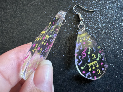 Colorful Music Note Earrings: Laser Cut Acrylic Sheet Music, Piano, Classical, Concert, Musician, Treble Cleff, Best Gifts for Her/Him/Them