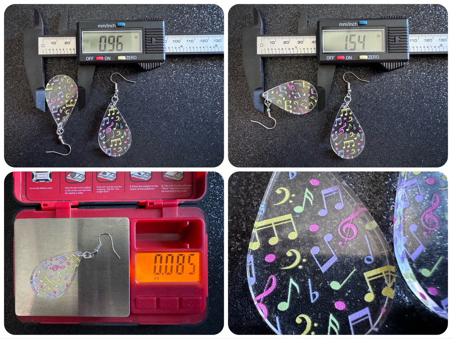 Colorful Music Note Earrings: Laser Cut Acrylic Sheet Music, Piano, Classical, Concert, Musician, Treble Cleff, Best Gifts for Her/Him/Them