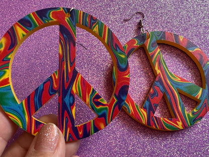 Colorful Peace Sign Earrings: Laser Cut Acrylic Peace Signs, Hippie, Hipster, Love, 80s, No War, Happiness, Happy, Gifts for Her/Him/Them
