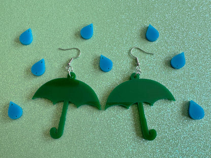 Colorful Umbrella Earrings: Laser Cut Acrylic Umbrellas, Rain, Weather, Hearts, Green Earrings, Gifts for Her/Him/Them