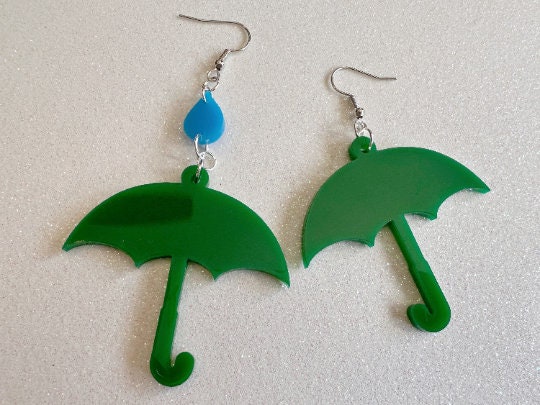 Colorful Umbrella Earrings: Laser Cut Acrylic Umbrellas, Rain, Weather, Hearts, Green Earrings, Gifts for Her/Him/Them