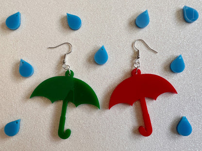 Colorful Umbrella Earrings: Laser Cut Acrylic Umbrellas, Rain, Weather, Hearts, Green Earrings, Gifts for Her/Him/Them