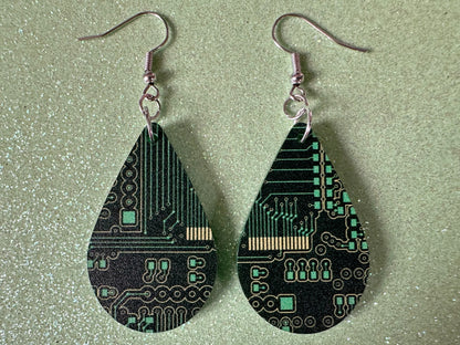 Computer Chip Earrings: Laser Cut Acrylic Tech Earrings, Techy, Green Computer Parts, Electronic Circuit, IC, Best Gifts for Her/Him/Them