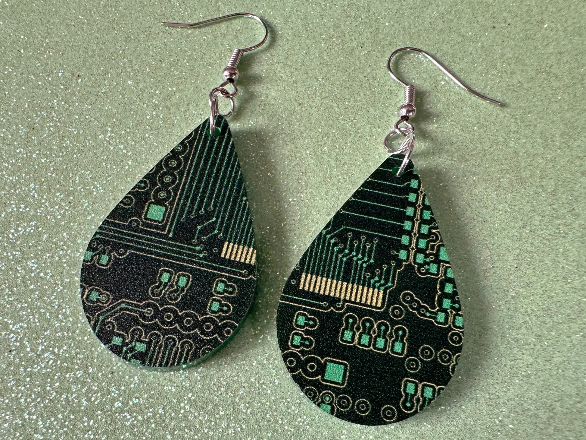 Computer Chip Earrings: Laser Cut Acrylic Tech Earrings, Techy, Green Computer Parts, Electronic Circuit, IC, Best Gifts for Her/Him/Them