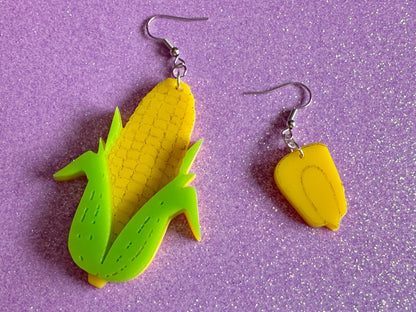 Corn Earrings: Laser Cut Acrylic Kernels & Corn Stalk, Farm, Gardening, Vegetables, Food Earrings, Green Earrings, Gifts for Her/Him/Them