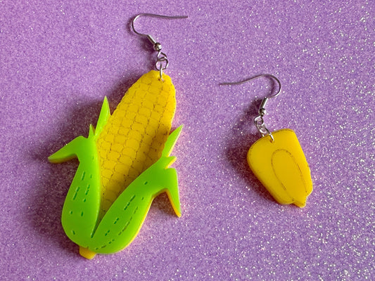 Corn Earrings: Laser Cut Acrylic Kernels & Corn Stalk, Farm, Gardening, Vegetables, Food Earrings, Green Earrings, Gifts for Her/Him/Them