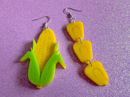 Corn Earrings: Laser Cut Acrylic Kernels & Corn Stalk, Farm, Gardening, Vegetables, Food Earrings, Green Earrings, Gifts for Her/Him/Them