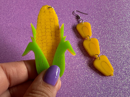 Corn Earrings: Laser Cut Acrylic Kernels & Corn Stalk, Farm, Gardening, Vegetables, Food Earrings, Green Earrings, Gifts for Her/Him/Them