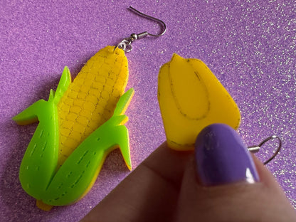 Corn Earrings: Laser Cut Acrylic Kernels & Corn Stalk, Farm, Gardening, Vegetables, Food Earrings, Green Earrings, Gifts for Her/Him/Them