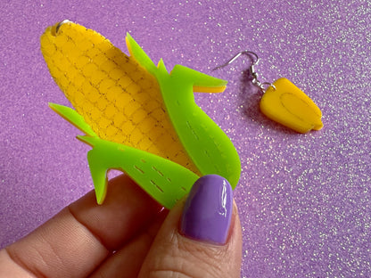 Corn Earrings: Laser Cut Acrylic Kernels & Corn Stalk, Farm, Gardening, Vegetables, Food Earrings, Green Earrings, Gifts for Her/Him/Them