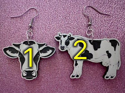 Cow Earrings: Laser Cut Acrylic Cows, Farm Animals, Milk Cows, Moo, Bovine, Heifer Earrings, Novelty, Cosplay, Best Gifts for Her/Him/Them