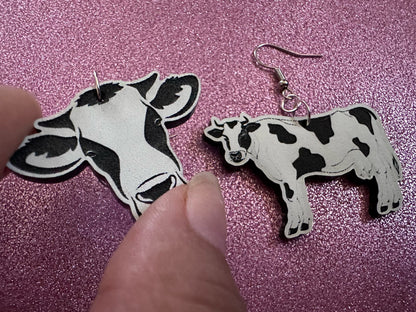 Cow Earrings: Laser Cut Acrylic Cows, Farm Animals, Milk Cows, Moo, Bovine, Heifer Earrings, Novelty, Cosplay, Best Gifts for Her/Him/Them