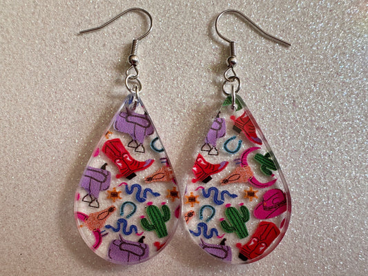 Cowboy Theme Earrings: Laser Cut Acrylic Cowboy Hat, Cowbow Boots, Saddle, Cactus, Cacti, Cowgirl, Western, Best Gifts for Her/Him/Them