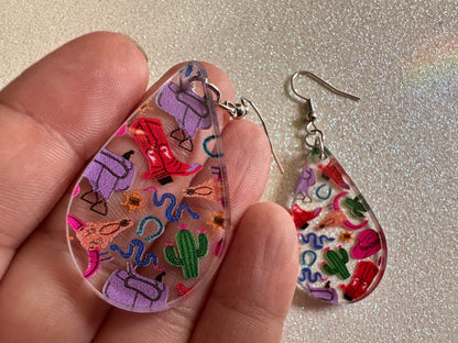 Cowboy Theme Earrings: Laser Cut Acrylic Cowboy Hat, Cowbow Boots, Saddle, Cactus, Cacti, Cowgirl, Western, Best Gifts for Her/Him/Them
