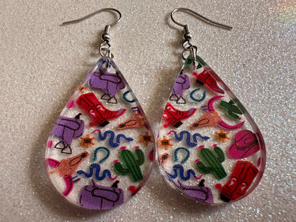 Cowboy Theme Earrings: Laser Cut Acrylic Cowboy Hat, Cowbow Boots, Saddle, Cactus, Cacti, Cowgirl, Western, Best Gifts for Her/Him/Them