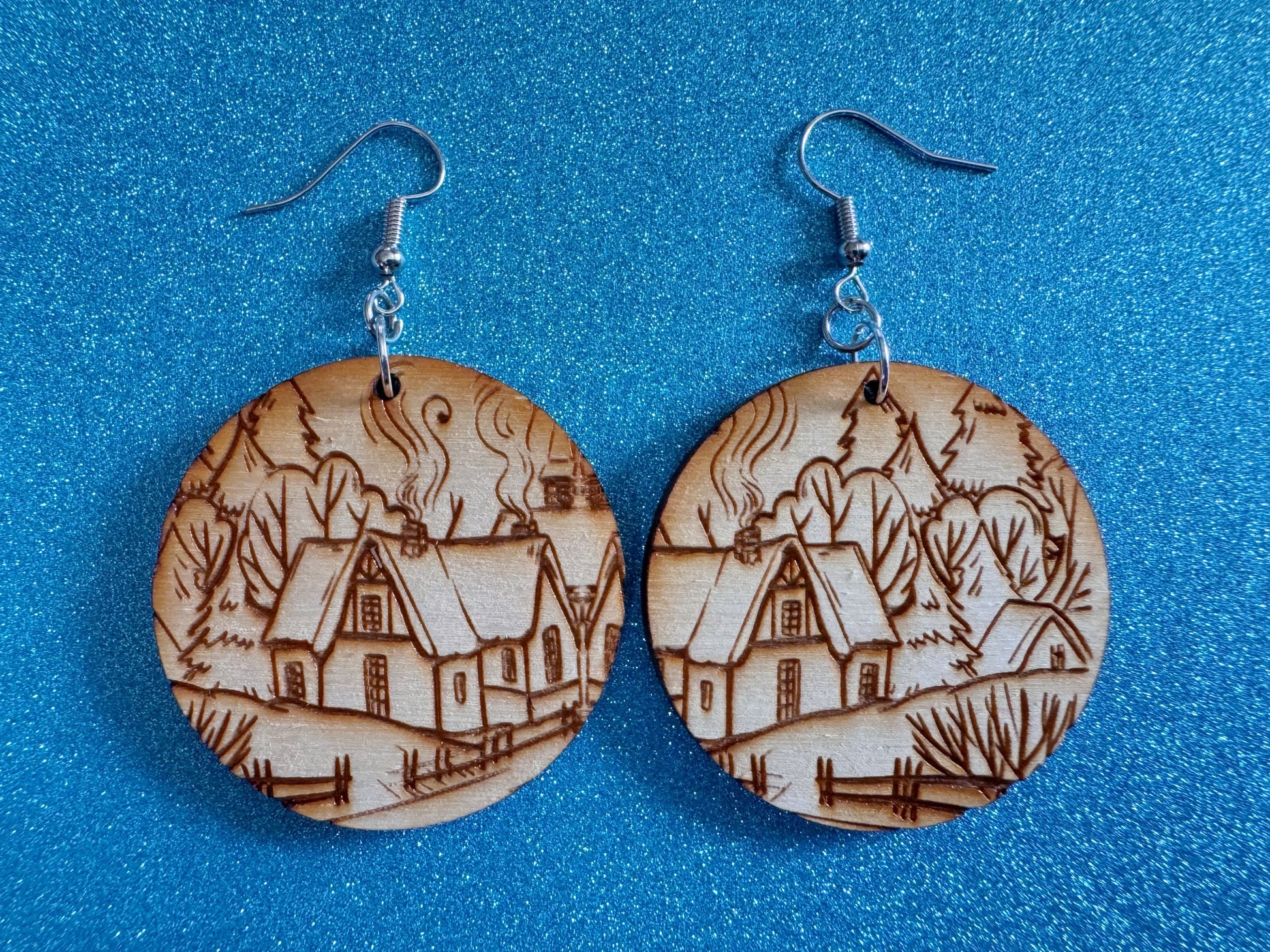 Cozy Cottage Earrings: Laser Cut Wood Christmas Earrings, Village, Home, House, Chimney, Xmas, X-mas, Winter, Best Gifts for Her/Him/Them