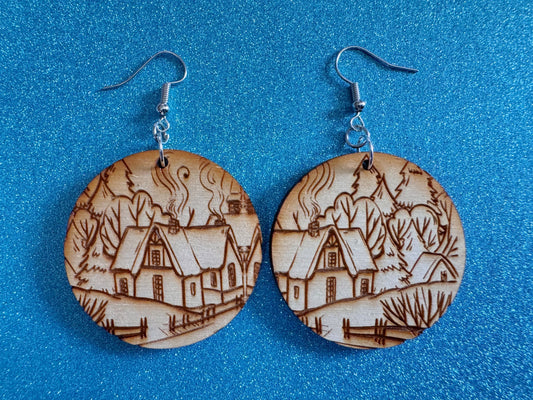Cozy Cottage Earrings: Laser Cut Wood Christmas Earrings, Village, Home, House, Chimney, Xmas, X-mas, Winter, Best Gifts for Her/Him/Them