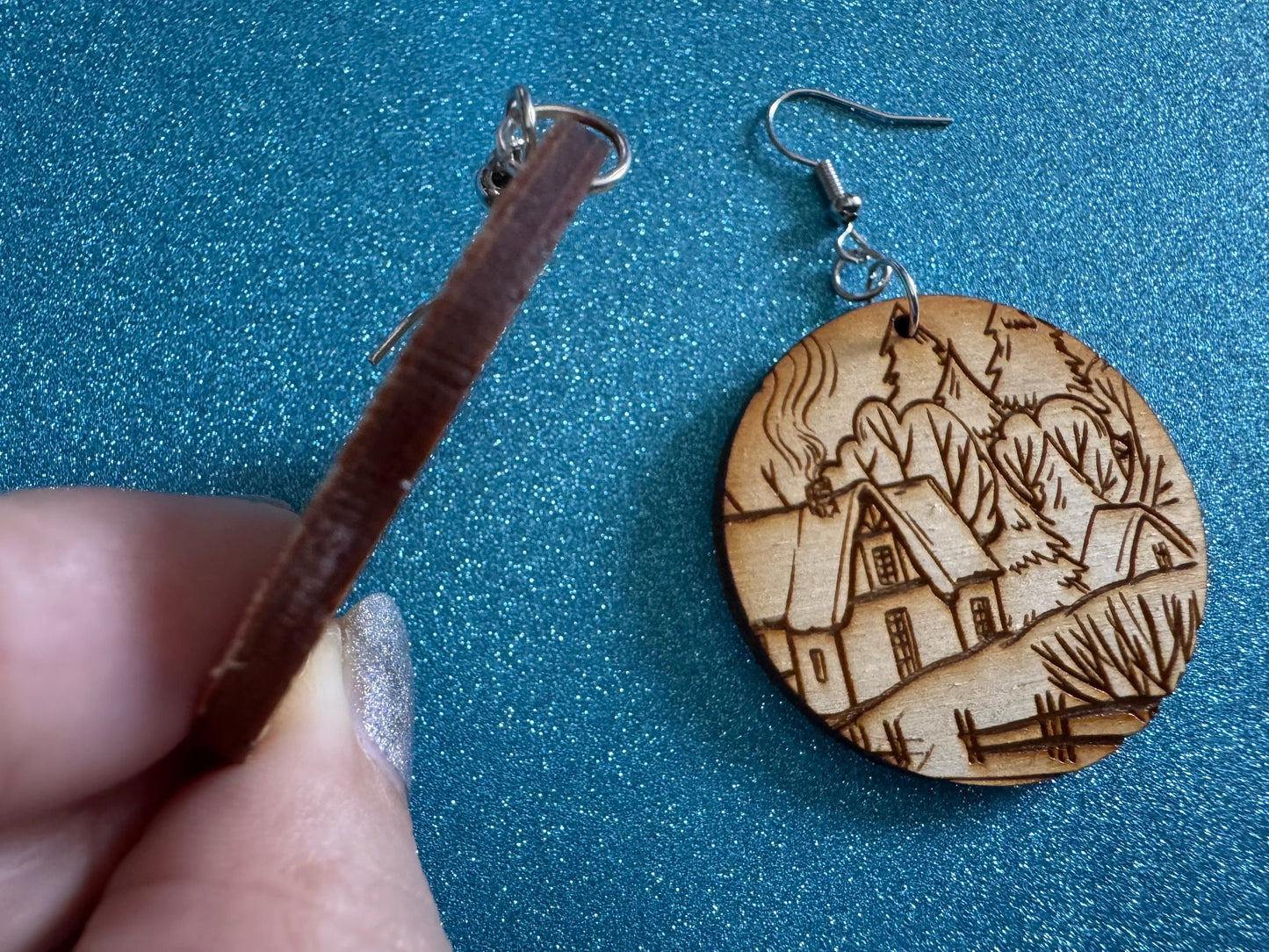 Cozy Cottage Earrings: Laser Cut Wood Christmas Earrings, Village, Home, House, Chimney, Xmas, X-mas, Winter, Best Gifts for Her/Him/Them