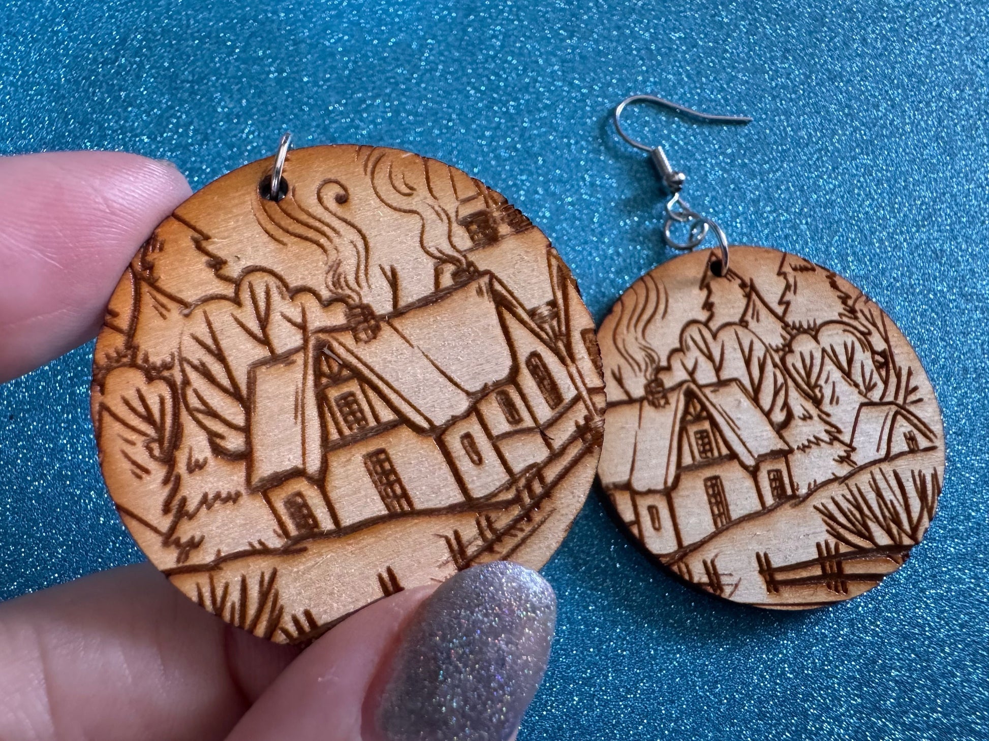 Cozy Cottage Earrings: Laser Cut Wood Christmas Earrings, Village, Home, House, Chimney, Xmas, X-mas, Winter, Best Gifts for Her/Him/Them