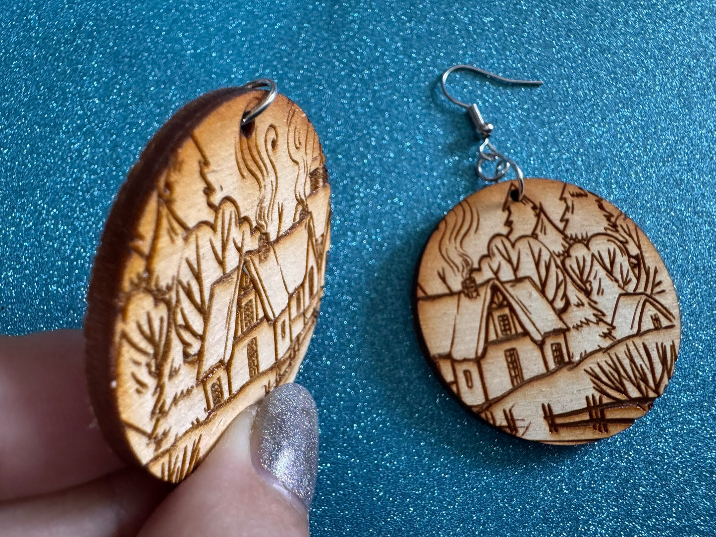 Cozy Cottage Earrings: Laser Cut Wood Christmas Earrings, Village, Home, House, Chimney, Xmas, X-mas, Winter, Best Gifts for Her/Him/Them