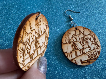 Cozy Cottage Earrings: Laser Cut Wood Christmas Earrings, Village, Home, House, Chimney, Xmas, X-mas, Winter, Best Gifts for Her/Him/Them