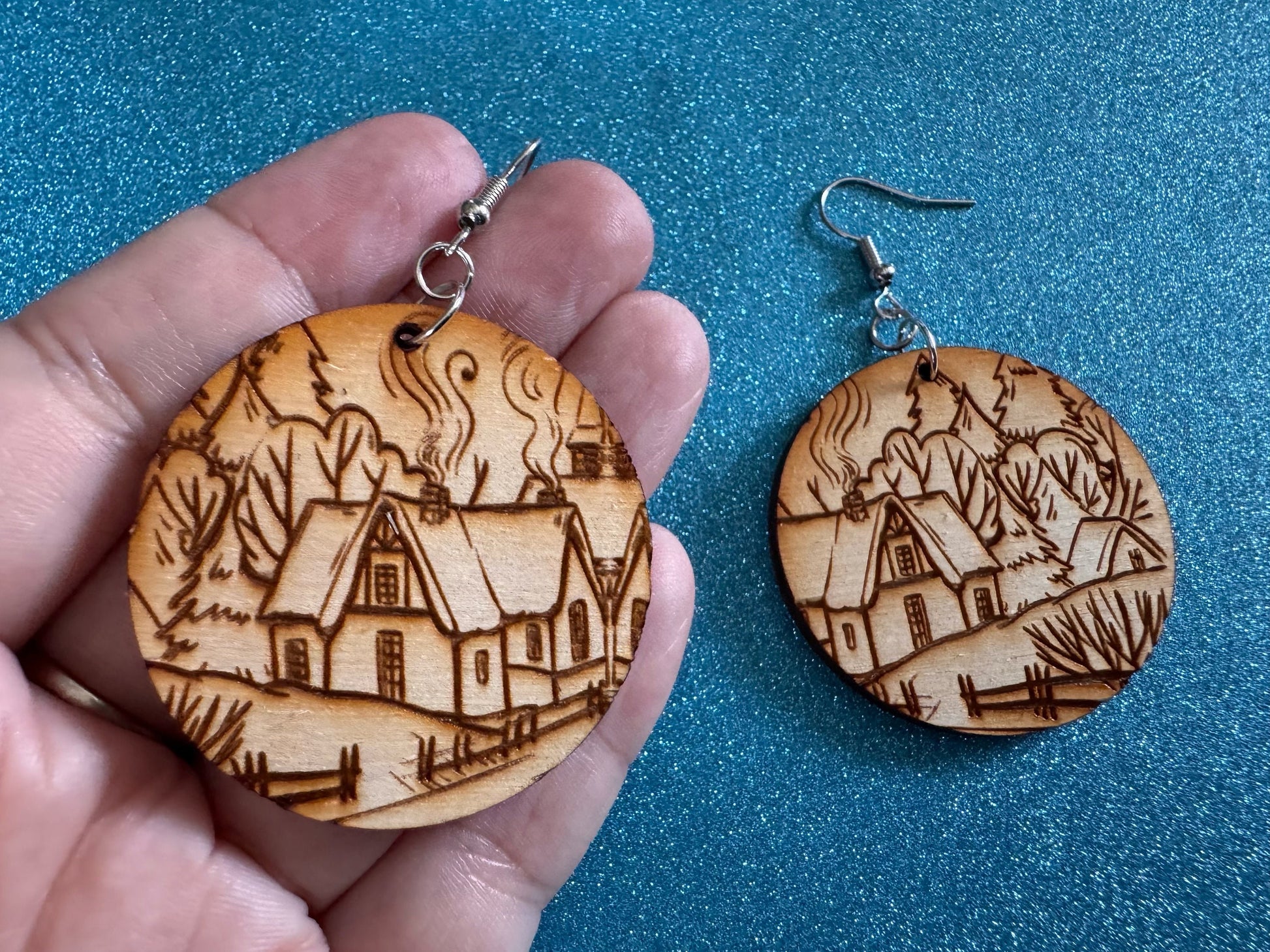 Cozy Cottage Earrings: Laser Cut Wood Christmas Earrings, Village, Home, House, Chimney, Xmas, X-mas, Winter, Best Gifts for Her/Him/Them