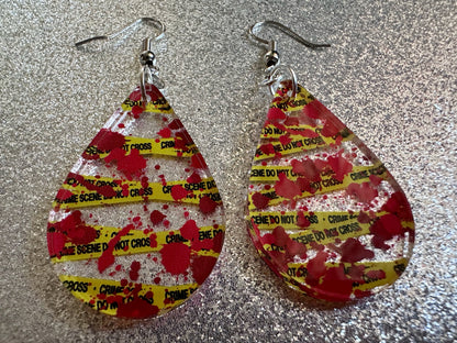 Crime Scene Earrings: Laser Cut Acrylic Halloween Earrings, Murder, Blood, Victim, Police Tape, Detective, Best Gifts for Her/Him/Them