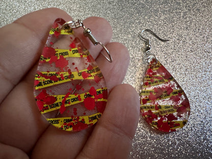 Crime Scene Earrings: Laser Cut Acrylic Halloween Earrings, Murder, Blood, Victim, Police Tape, Detective, Best Gifts for Her/Him/Them