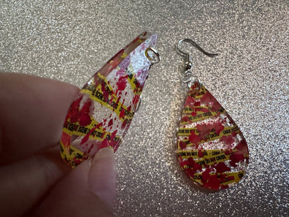 Crime Scene Earrings: Laser Cut Acrylic Halloween Earrings, Murder, Blood, Victim, Police Tape, Detective, Best Gifts for Her/Him/Them