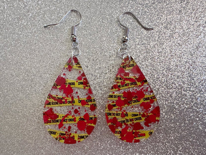 Crime Scene Earrings: Laser Cut Acrylic Halloween Earrings, Murder, Blood, Victim, Police Tape, Detective, Best Gifts for Her/Him/Them