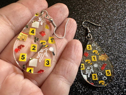 Crime Scene Earrings: Laser Cut Acrylic Halloween Earrings, Scary, Murder Blood, Victim, Corpse, Police, Detective, Gifts for Her/Him/Them
