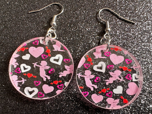 Cupid Earrings: Laser Cut Acrylic Hearts, Love, Valentines Day, Anniversary, Marriage, Partner, Lover, Vday, Best Gifts for Her/Him/Them