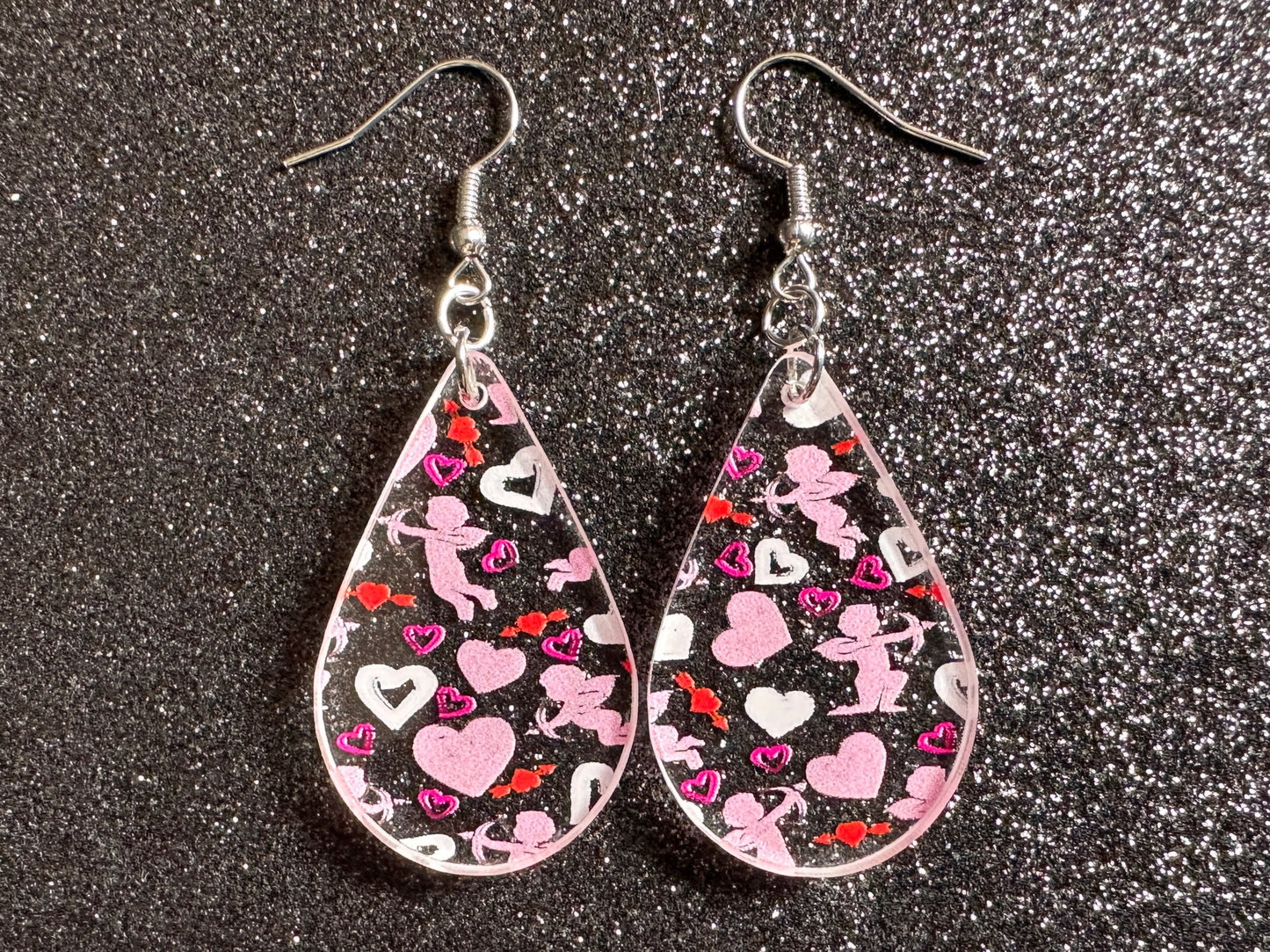 Cupid Earrings: Laser Cut Acrylic Hearts, Love, Valentines Day, Anniversary, Marriage, Partner, Lover, Vday, Best Gifts for Her/Him/Them